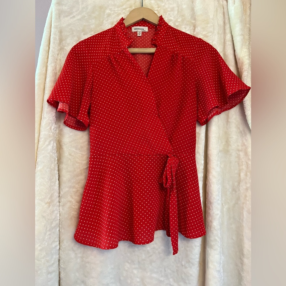Front tie red polka dot blouse - size s